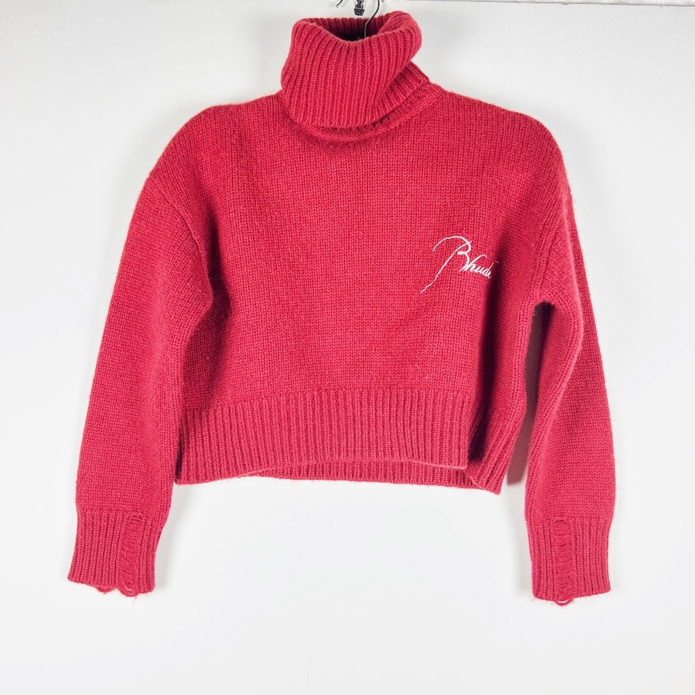 Rhude Women's Wool Cashmere Knit Distressed Logo Embroidered Turtleneck Sweater